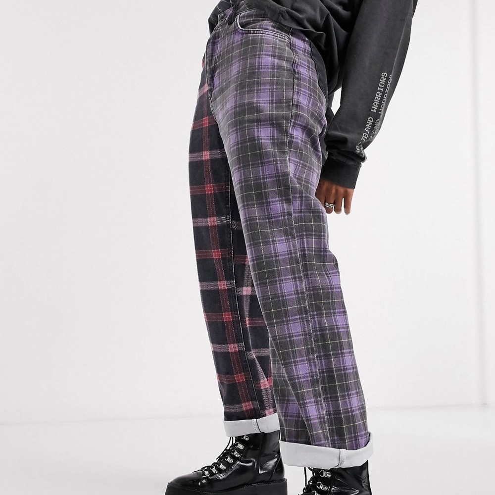 The Ragged Priest Dad Jeans In Half And Half Plaid Denim